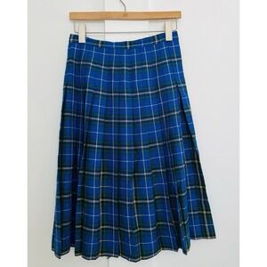 Bonda Textile Mr Poodles Tartan Blue Plaid Vintage Pleated Skirt Wool Midi Sz 12